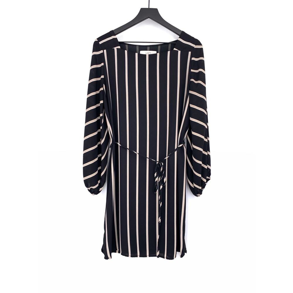 LOFT Long Sleeve Striped Mini Dress Black Cream White S